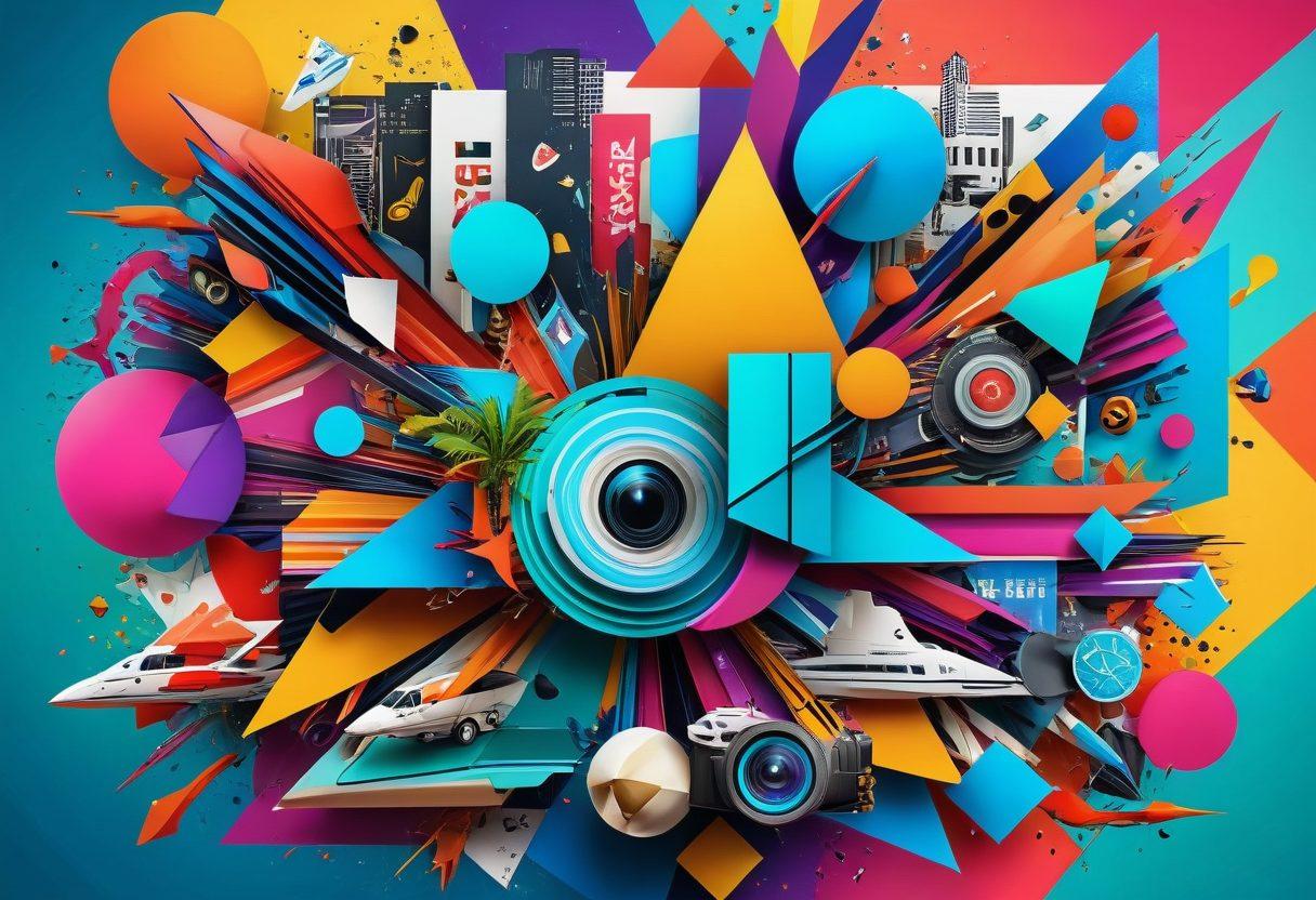 A vibrant digital collage showcasing various video snippets in dynamic frames, featuring diverse themes such as travel, food, and technology. Include engaging elements like play buttons, sound waves, and trending symbols to represent content virality. Use a colorful palette with a techy, futuristic vibe to capture the excitement of cool video content. super-realistic. vibrant colors. 3D.