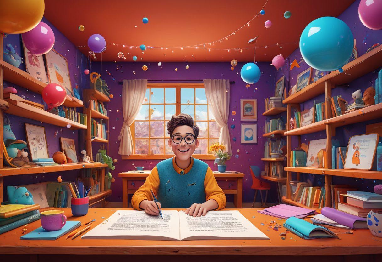 A split-screen design showcasing a video article in progress on one side, with colorful highlights and engaging animations, and on the other side, a playful cartoon of a writer with a quill, surrounded by laughter bubbles and whimsical characters. Incorporate elements of creativity and humor, emphasizing the connection between scripting and video production. vibrant colors. 3D. cartoon style.